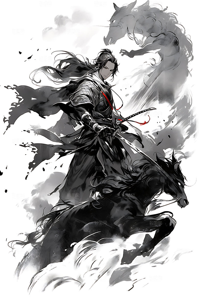水墨侠客人物晕染插画