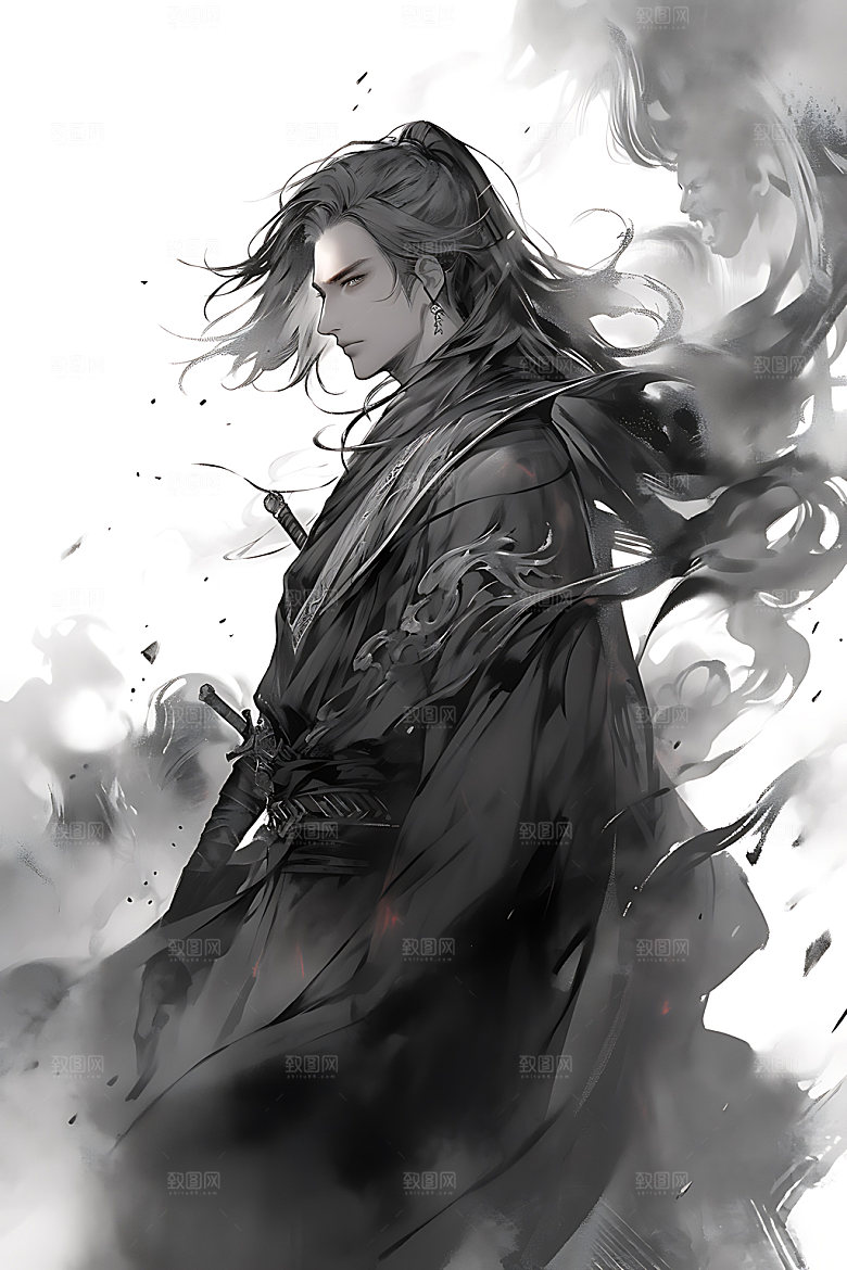水墨侠客汉服中式插画