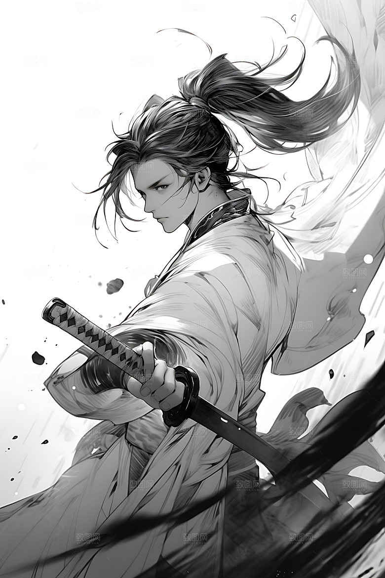 水墨侠客黑白汉服插画