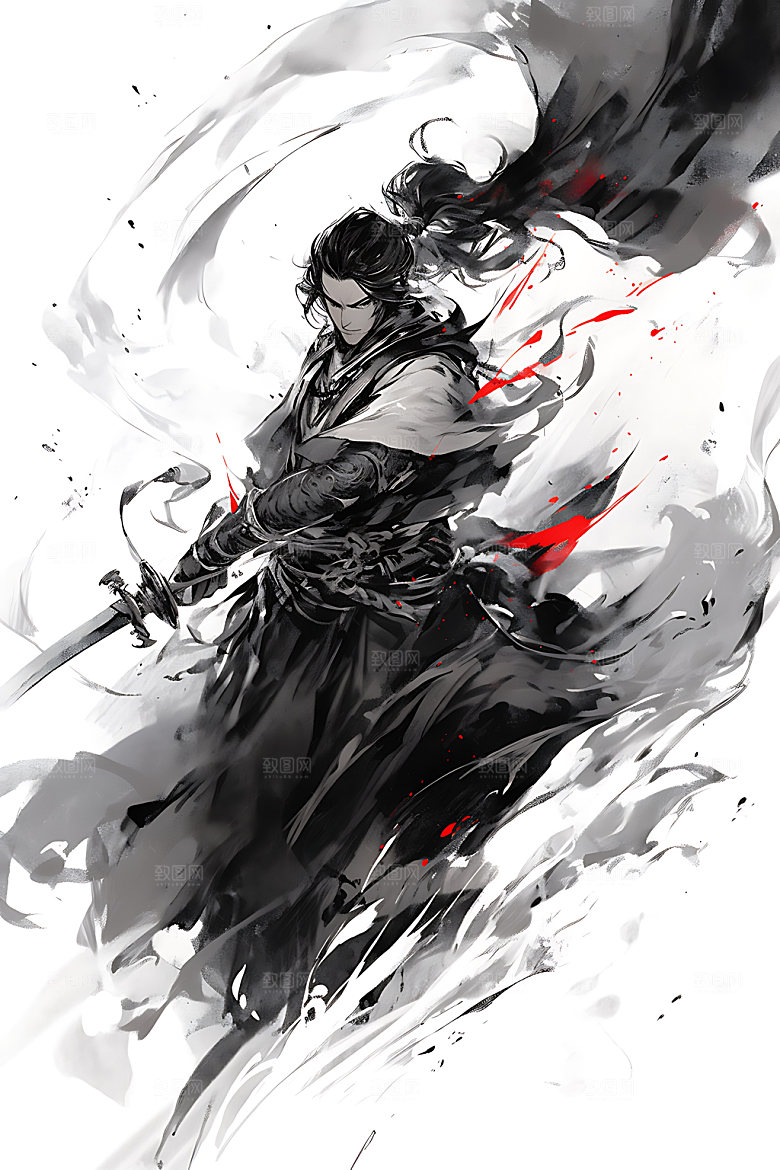 水墨侠客晕染汉服插画