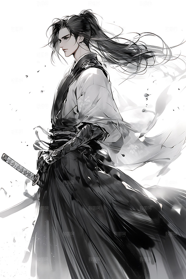 水墨侠客人物晕染插画