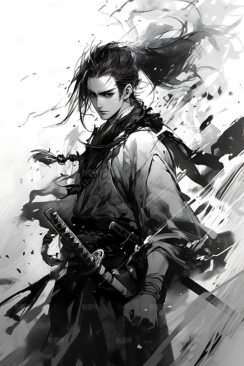 水墨侠客汉服黑白插画