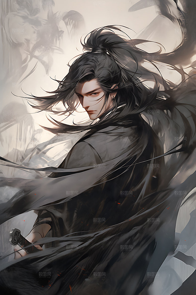 水墨侠客晕染黑白插画
