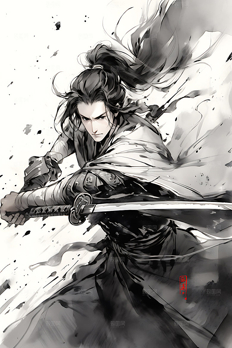水墨侠客人物汉服插画