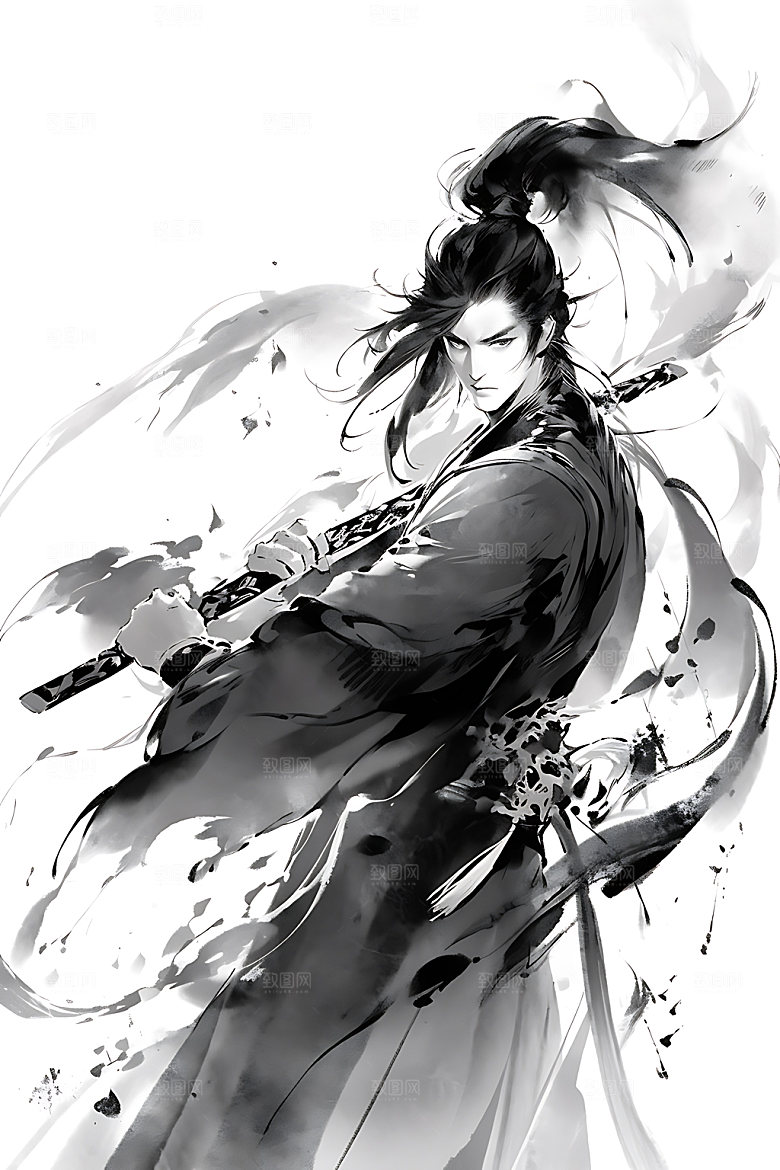 水墨侠客少侠中国风插画