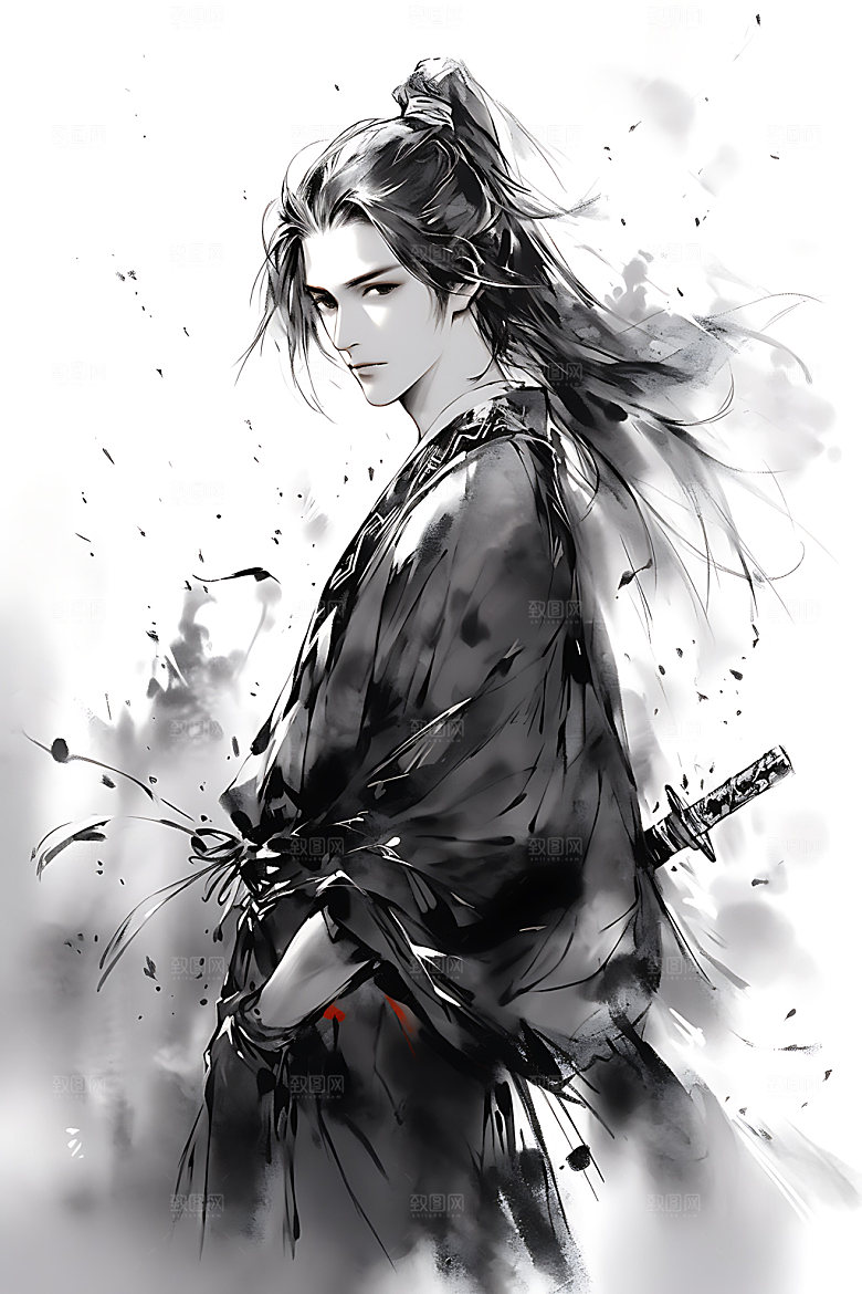 水墨侠客晕染人物插画