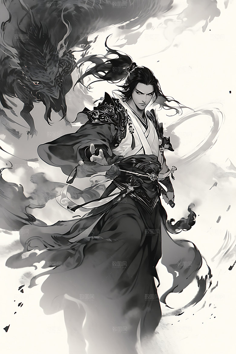 水墨侠客少侠人物插画