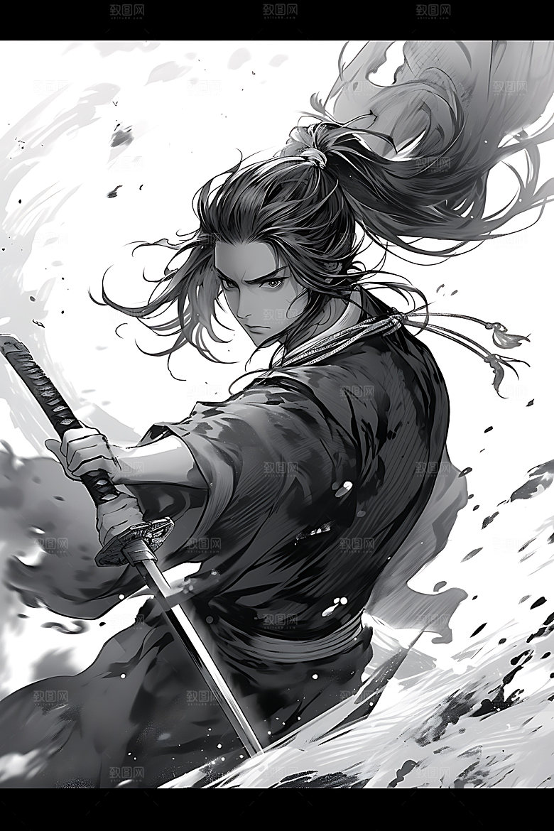 水墨侠客黑白人物插画
