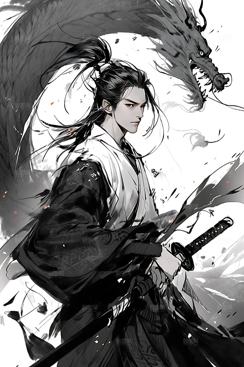 水墨侠客中国风汉服插画