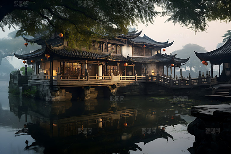 苏州园林亭台楼阁水榭摄影图