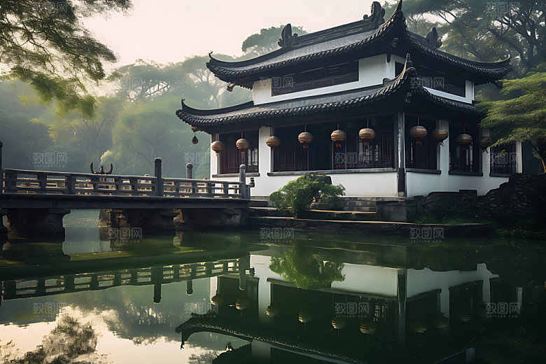 苏州园林亭台楼阁水榭摄影图