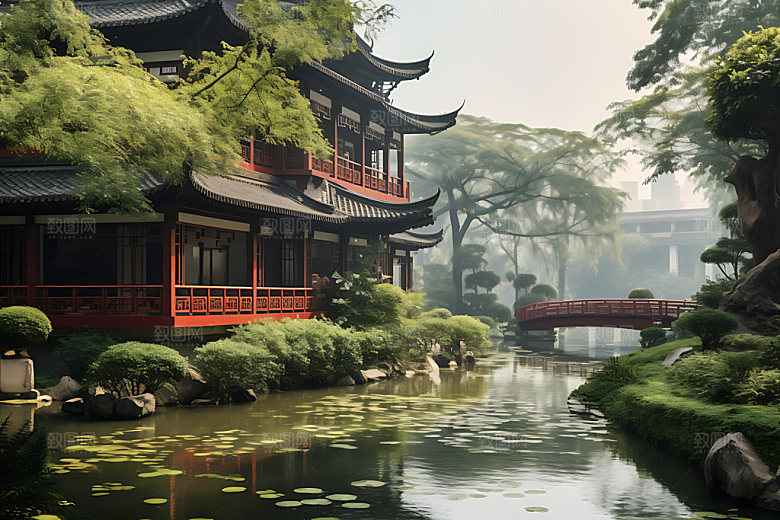 苏州园林旅游水榭摄影图