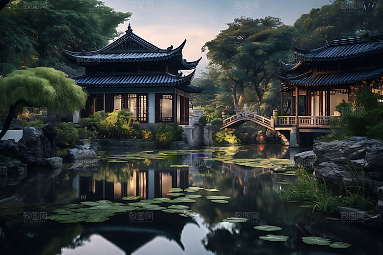 苏州园林旅游水榭摄影图