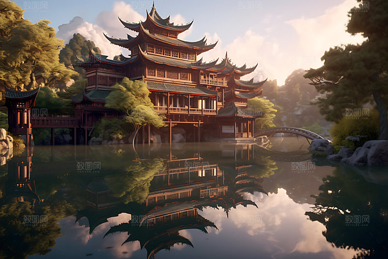 苏州园林亭台楼阁古建筑摄影图