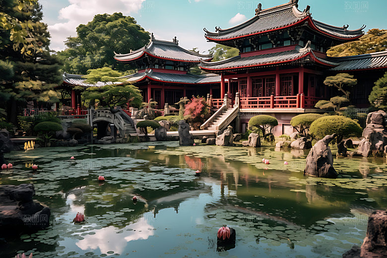 苏州园林亭台楼阁旅游摄影图