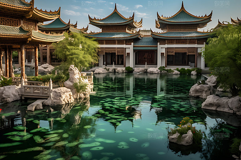 苏州园林旅游亭台楼阁摄影图
