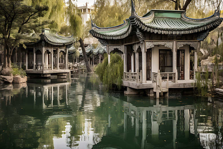 苏州园林风光水榭摄影图