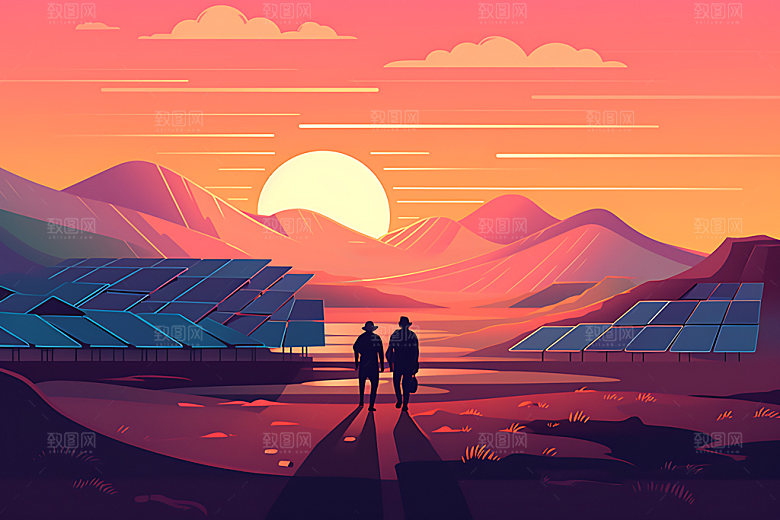 太阳能发电光伏发电太阳能光板扁平风插画