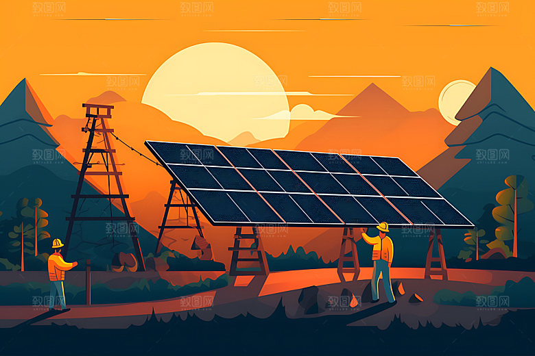 太阳能发电太阳能光板清洁能源扁平风插画