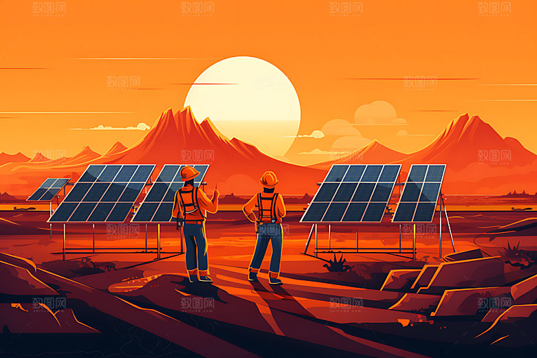 太阳能发电光伏发电太阳能光板扁平风插画