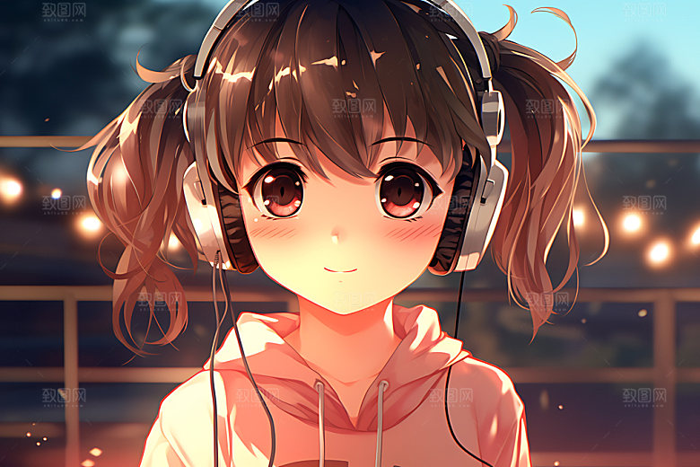 耳机少女卡通时尚插画