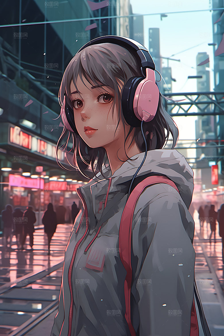 耳机少女艺术数码少女插画