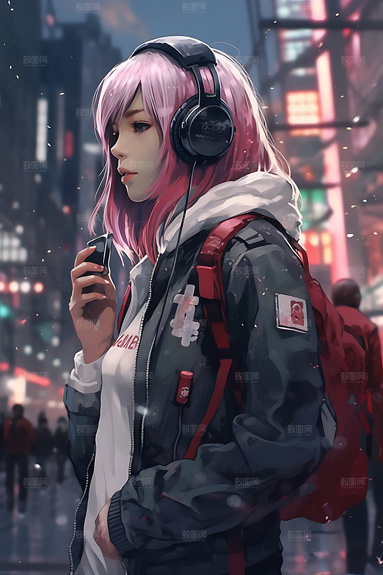 耳机少女听音乐数码少女插画
