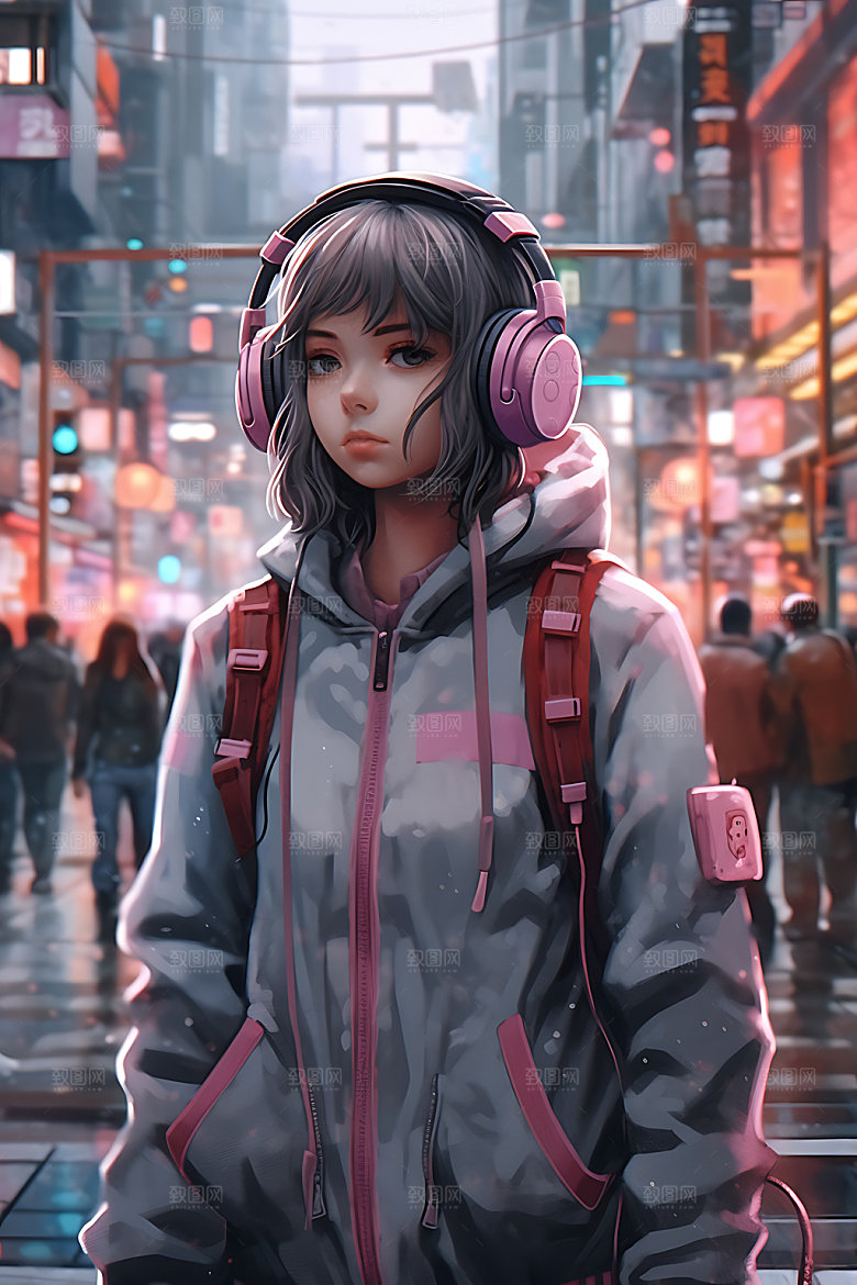 耳机少女听音乐数码少女插画