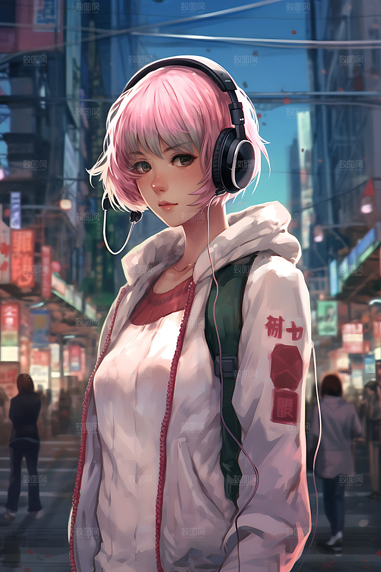 耳机少女数码少女时尚插画