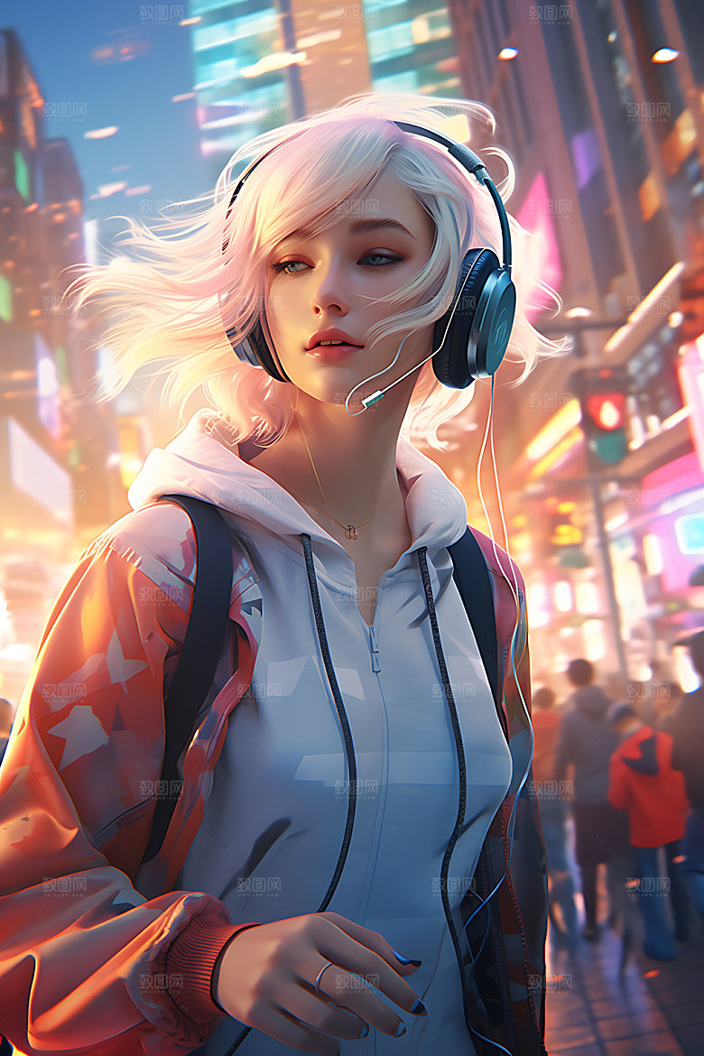 耳机少女卡通数码少女插画