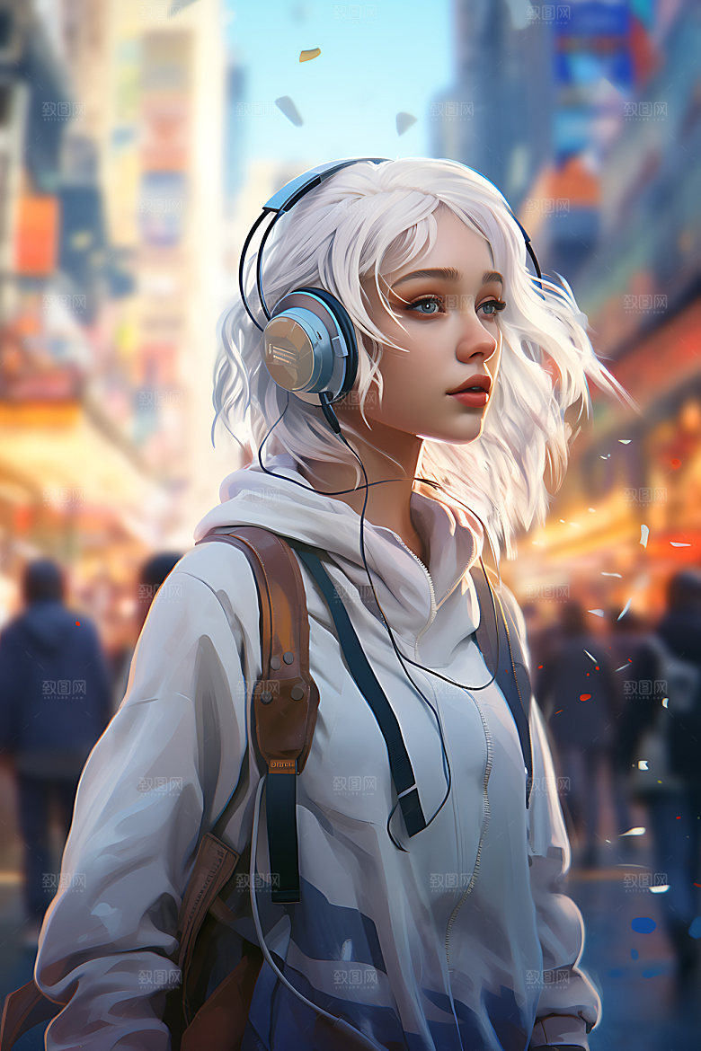 耳机少女卡通数码少女插画