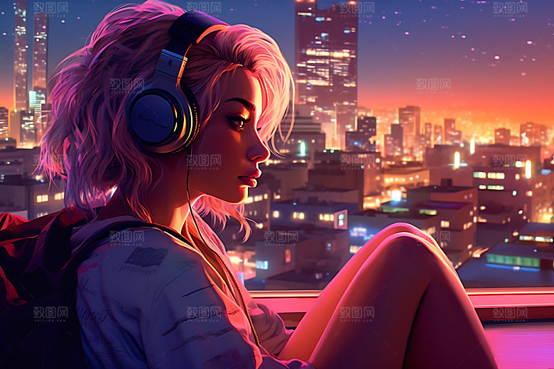 耳机少女艺术听音乐插画