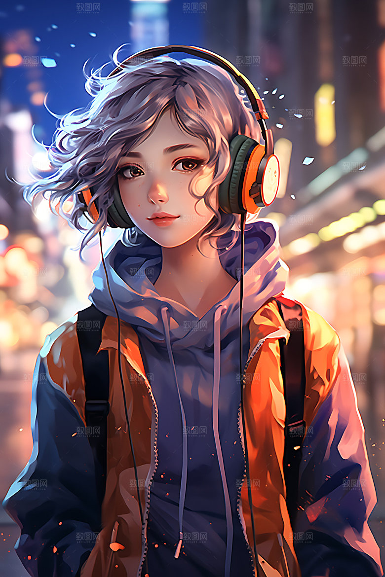 耳机少女卡通听音乐插画