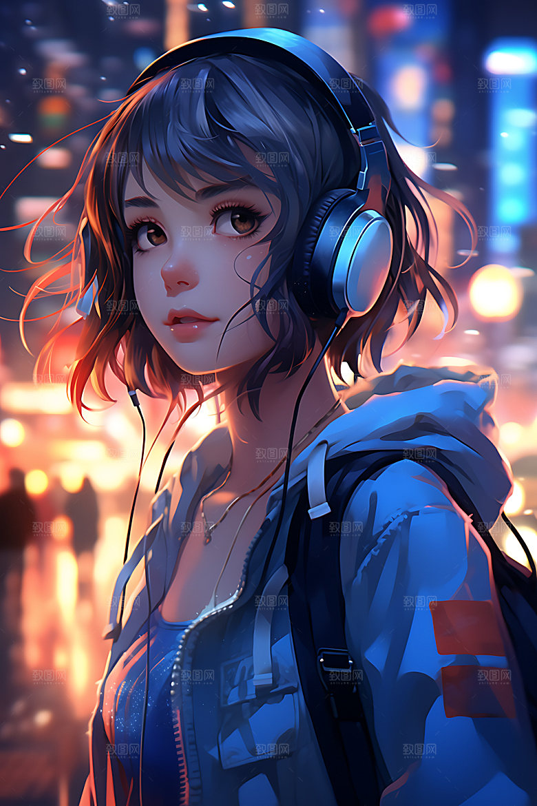 耳机少女听音乐时尚插画