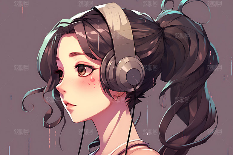 耳机少女卡通艺术插画