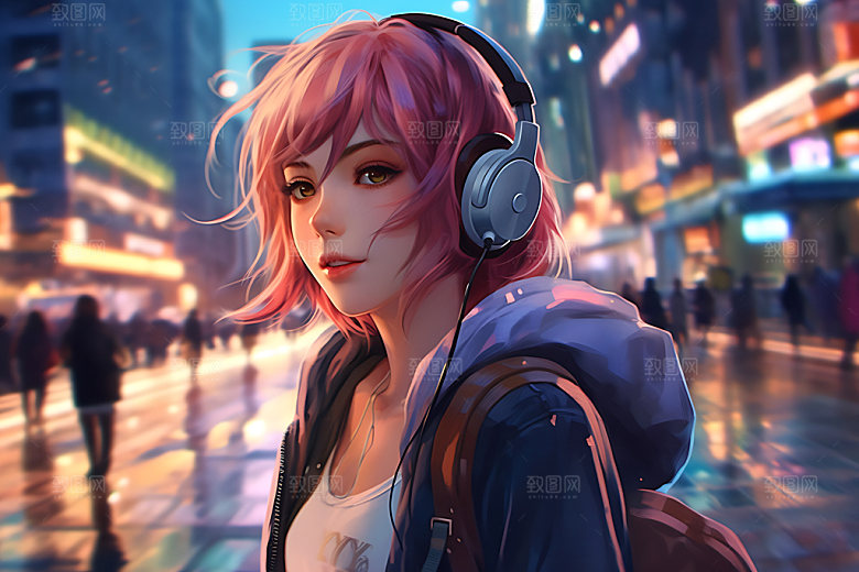 耳机少女时尚卡通插画