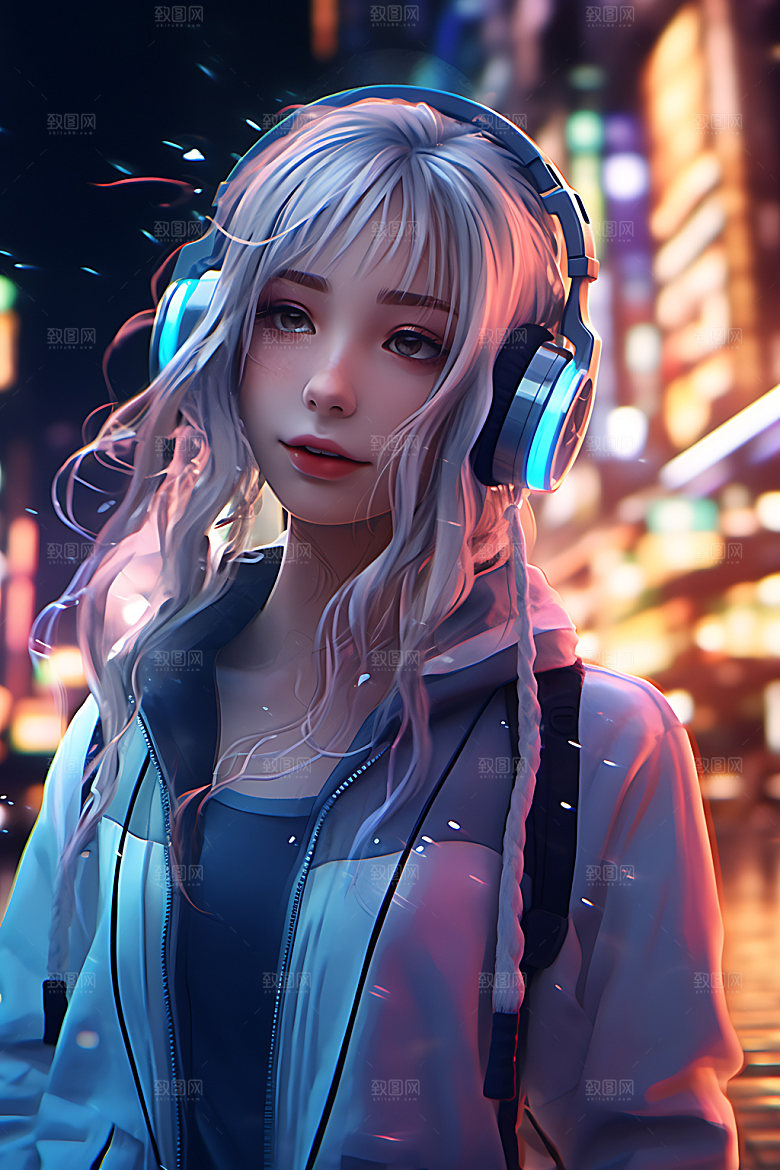 耳机少女卡通数码少女插画
