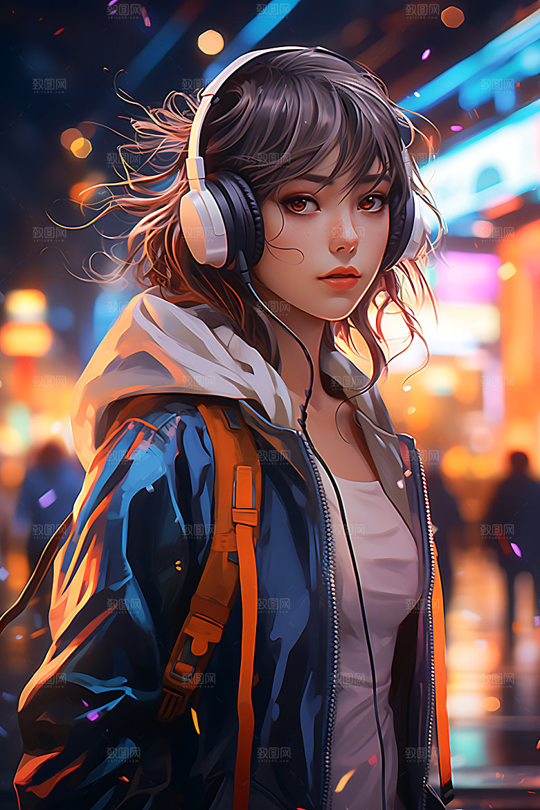 耳机少女卡通艺术插画
