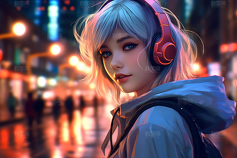 耳机少女数码少女卡通插画