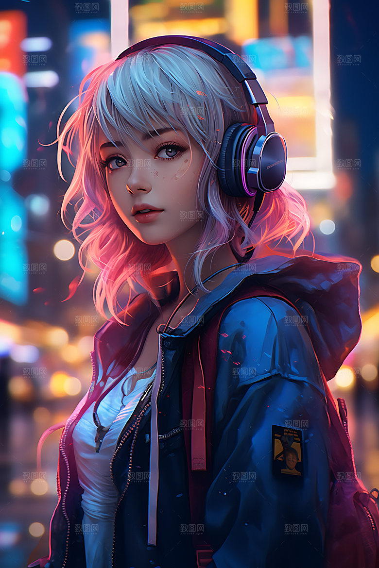 耳机少女听音乐卡通插画