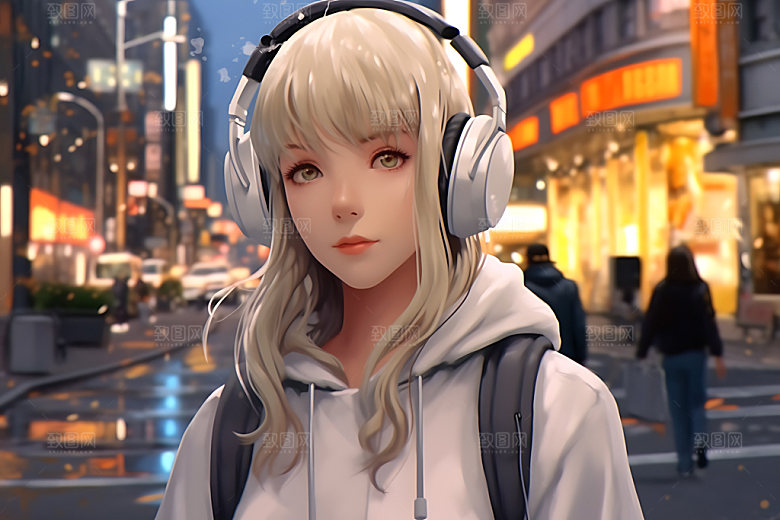 耳机少女艺术数码少女插画