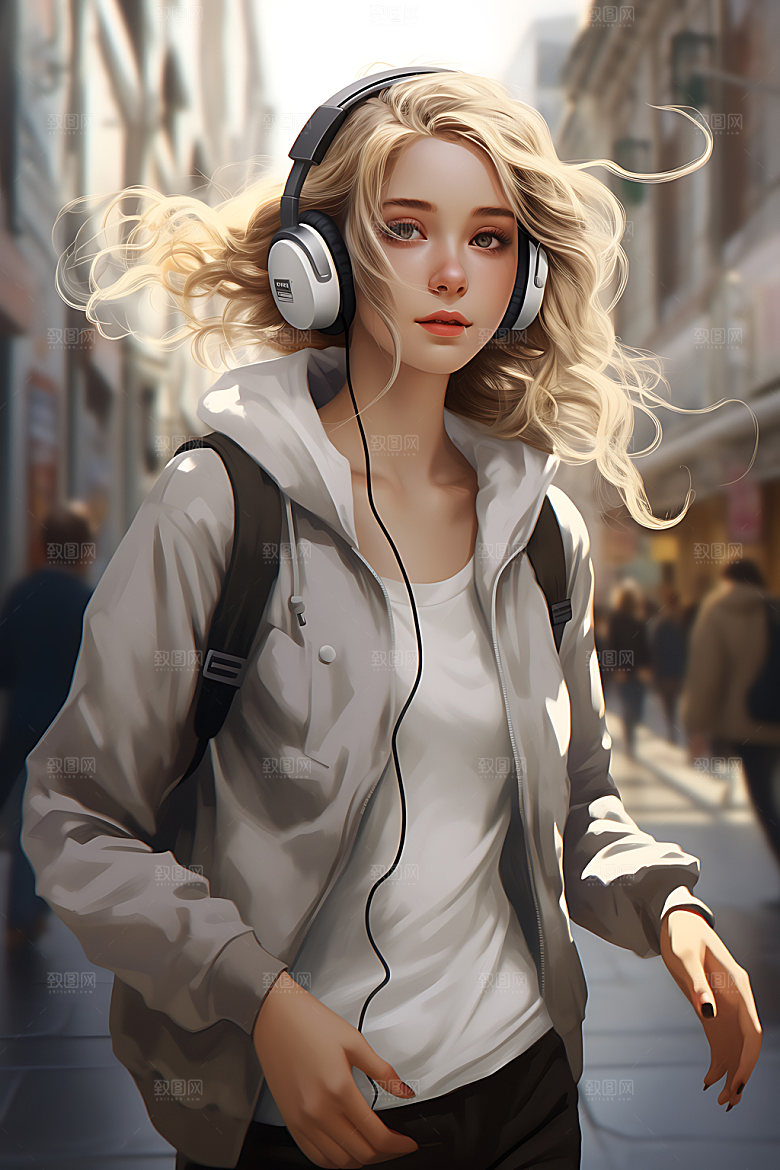 耳机少女卡通时尚插画