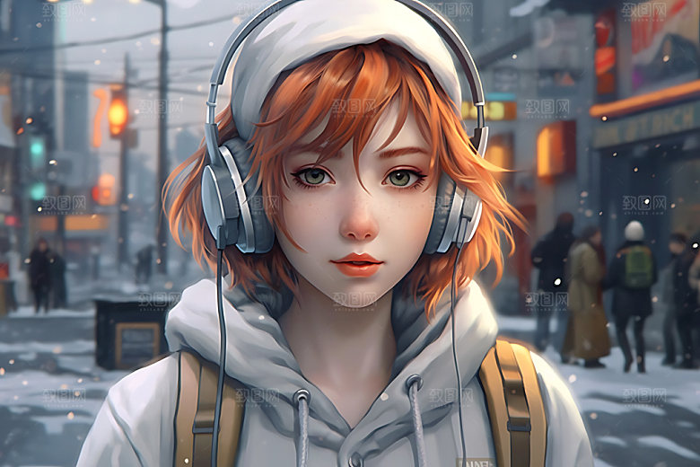 耳机少女时尚艺术插画