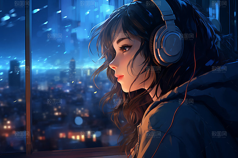 耳机少女艺术卡通插画