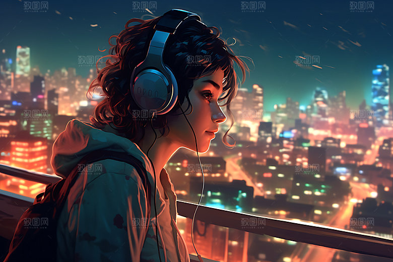 耳机少女听音乐数码少女插画