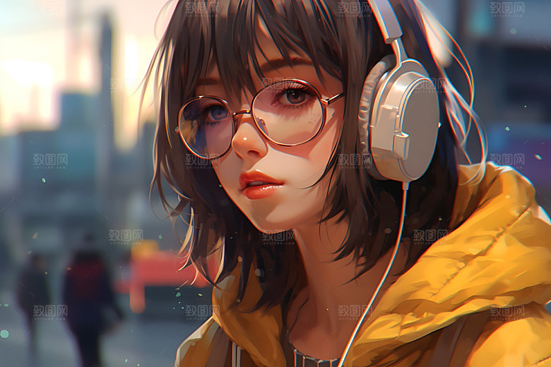 耳机少女时尚数码少女插画