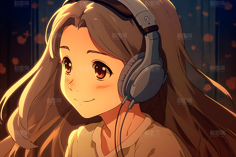 耳机少女时尚听音乐插画