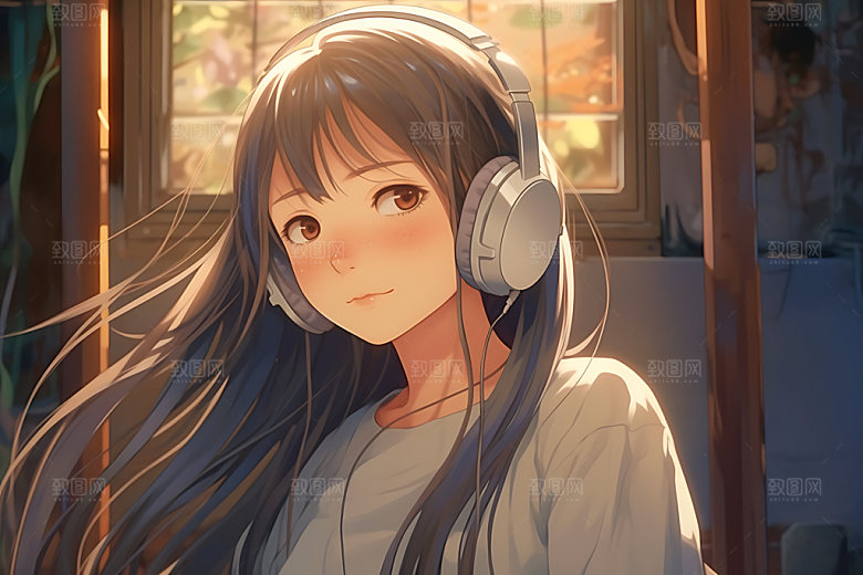 耳机少女艺术卡通插画