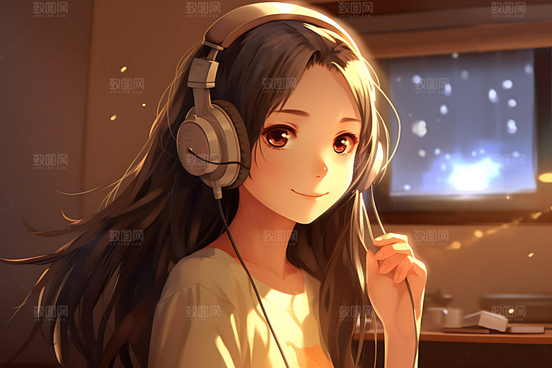 耳机少女数码少女听音乐插画