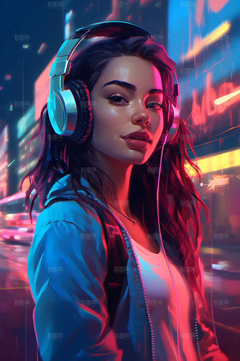 耳机少女听音乐艺术插画